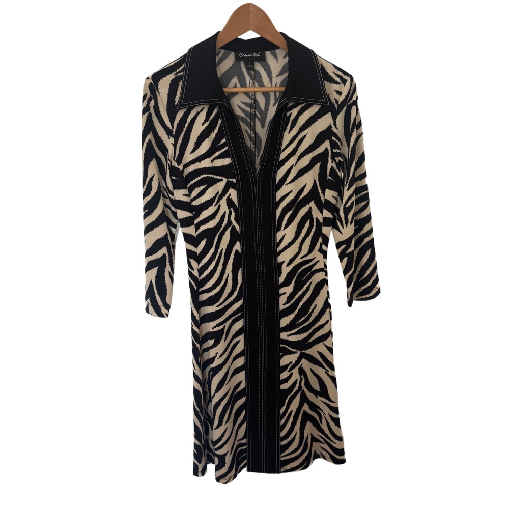 Connected Apparel Zebra Print V-Neck Sheath Dress Black Cream Size 6